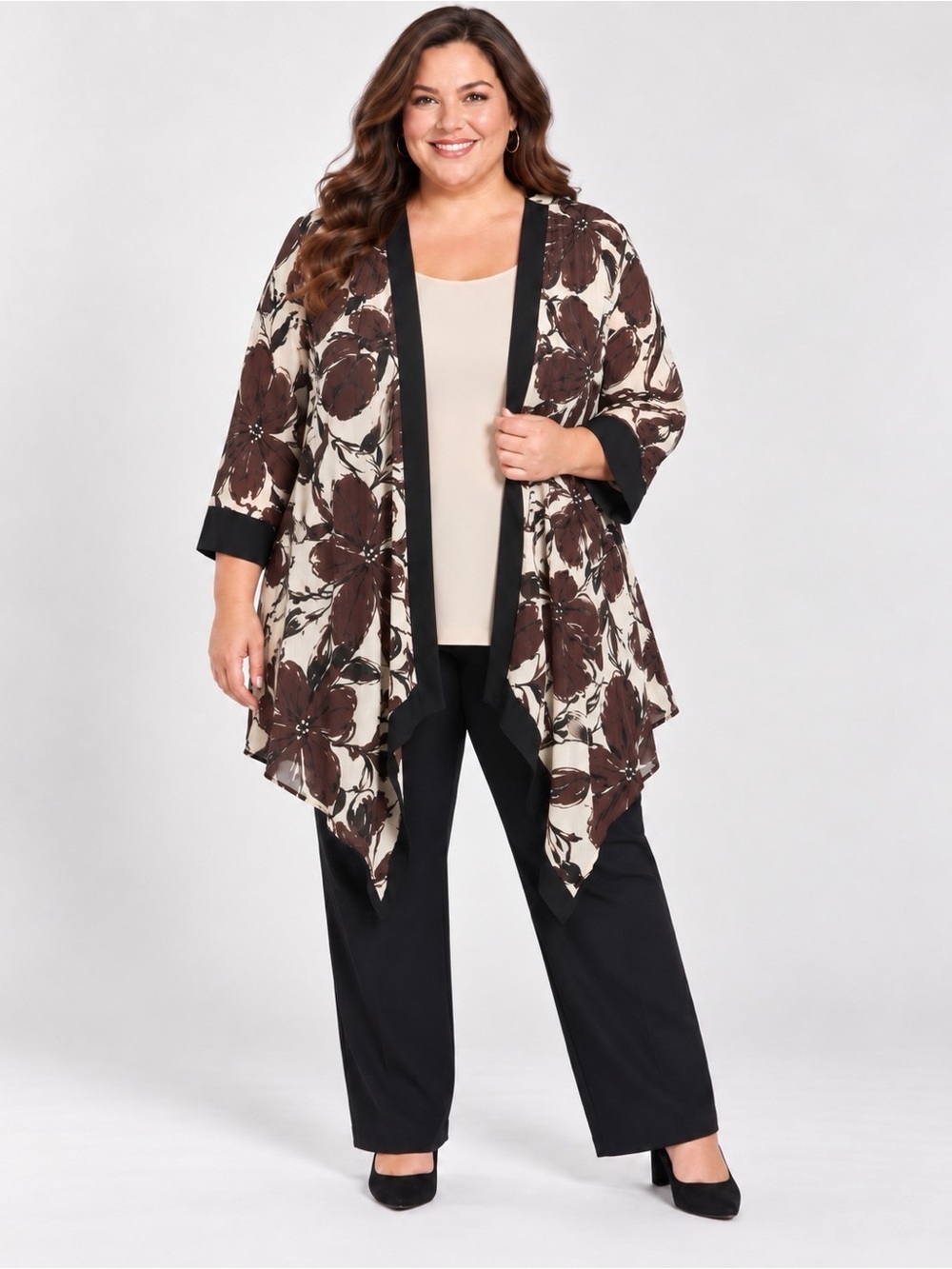 R&M Richards Cream and Brown Floral Open-Front Drape Cardigan